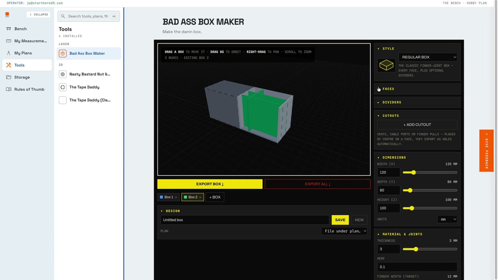 Bad Ass Box Maker demo — a finger-jointed box built in the 3D workspace