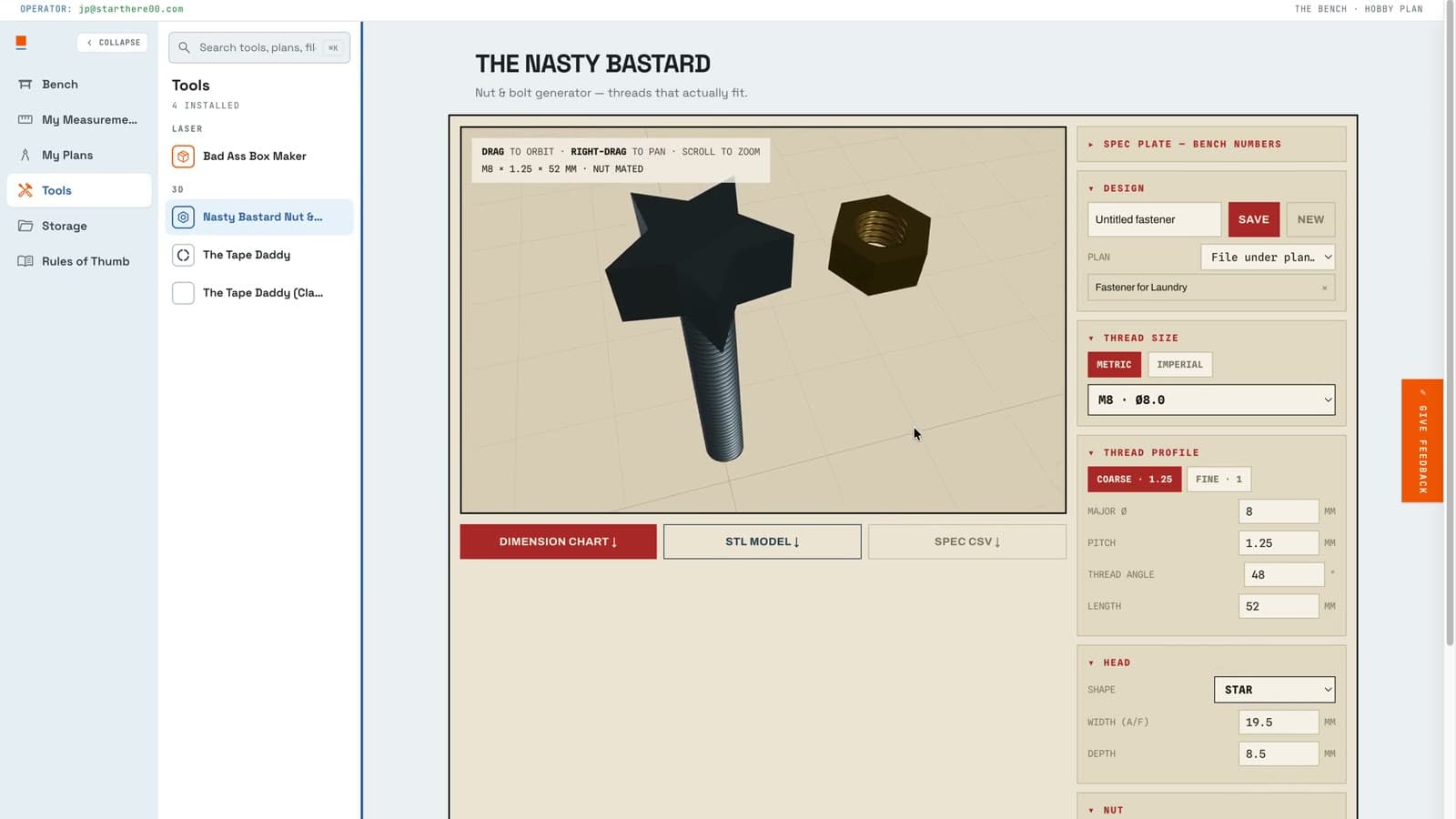 Nasty Bastard demo — a threaded bolt and matching nut generated in 3D