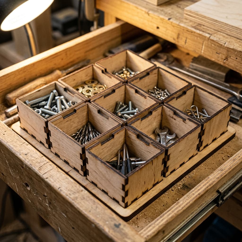 Laser-cut modular plywood bins holding tools in a drawer