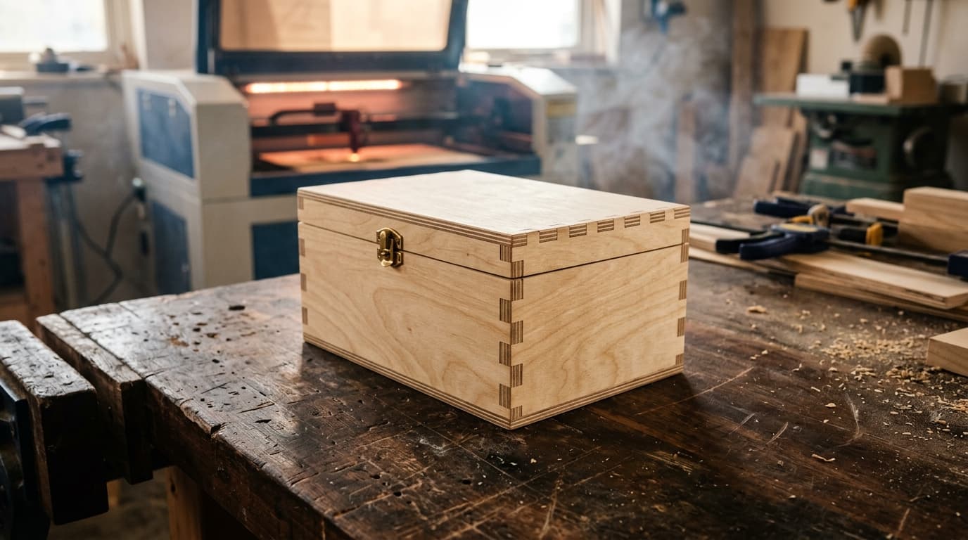 A finished finger-jointed birch plywood box on a workbench with a laser cutter behind it