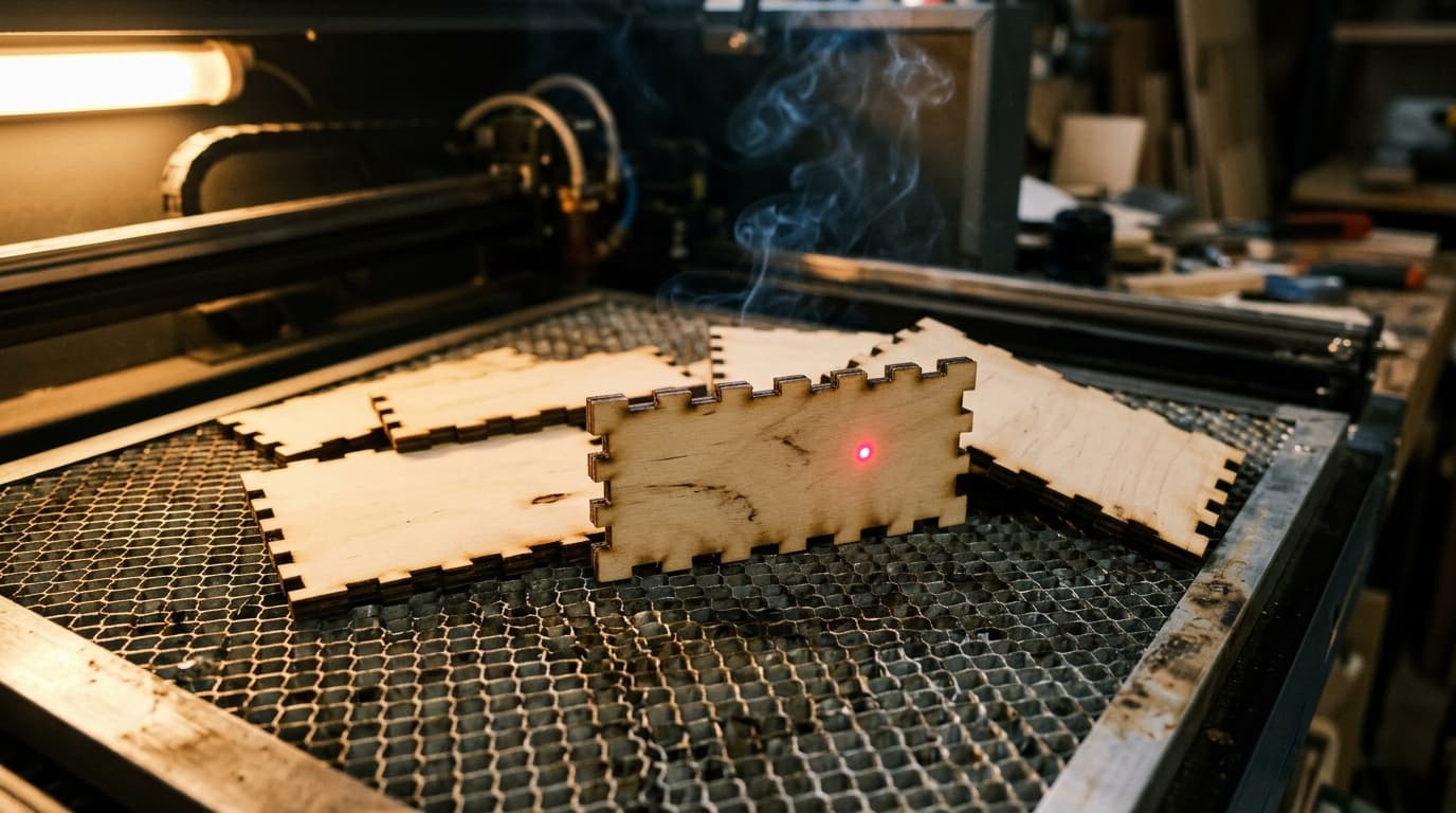 Finger-jointed box panels being cut on a laser cutter bed