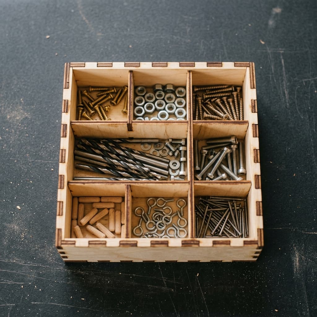 A divided laser-cut plywood parts organizer seen from above
