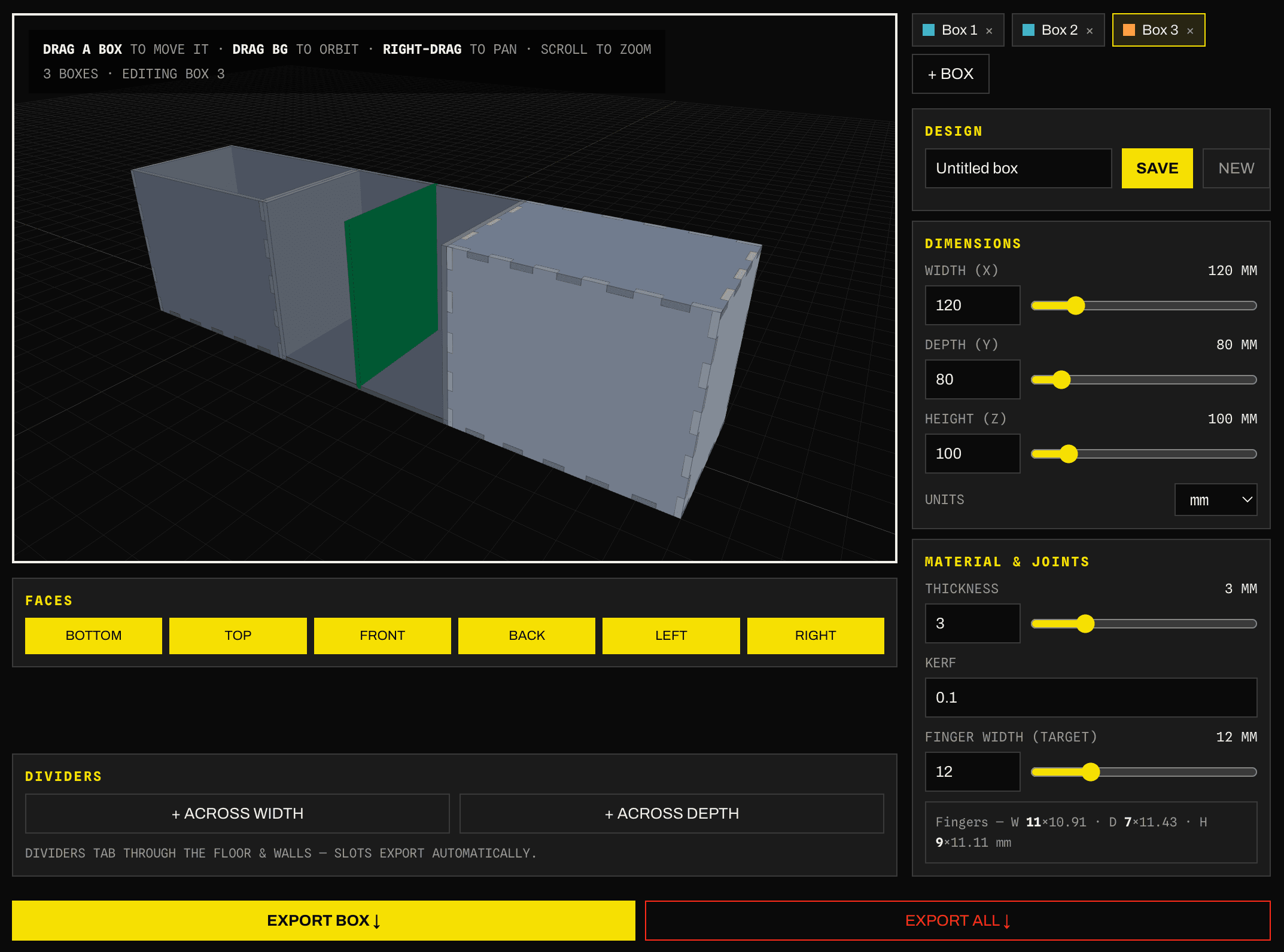 Bad Ass Box Maker — a finger-jointed box in a live 3D preview with dividers and a laser-ready cut sheet