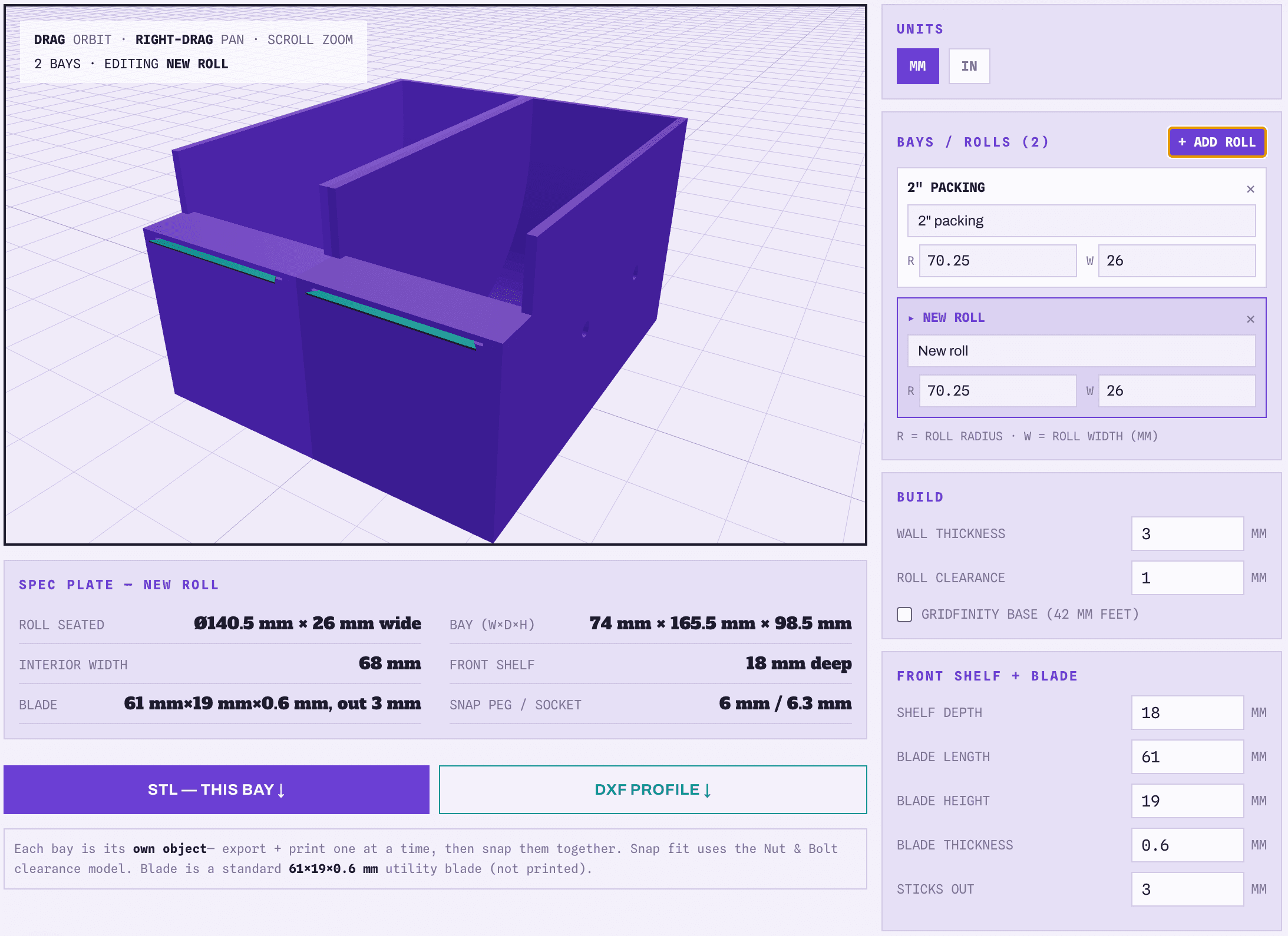 The Tape Daddy 3D tape dispenser generator interface — a two-bay printable tape caddy in the live 3D viewport beside the roll radius/width, wall thickness, Gridfinity base, and front-shelf blade controls, with a spec plate and STL + DXF export