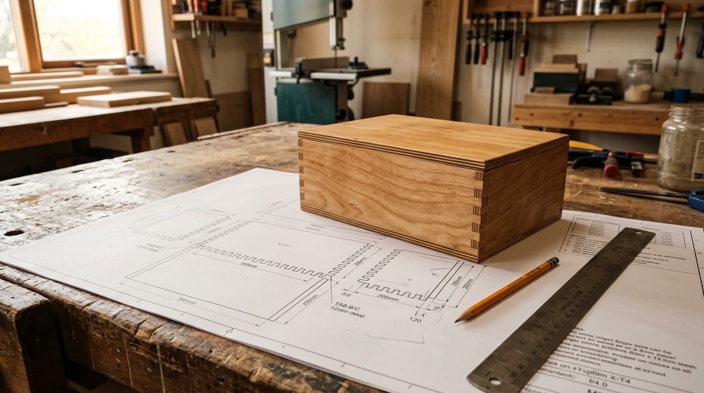 A finished laser cut finger-jointed box resting on its printed cut sheet, a ruler with measurements and pencil beside it