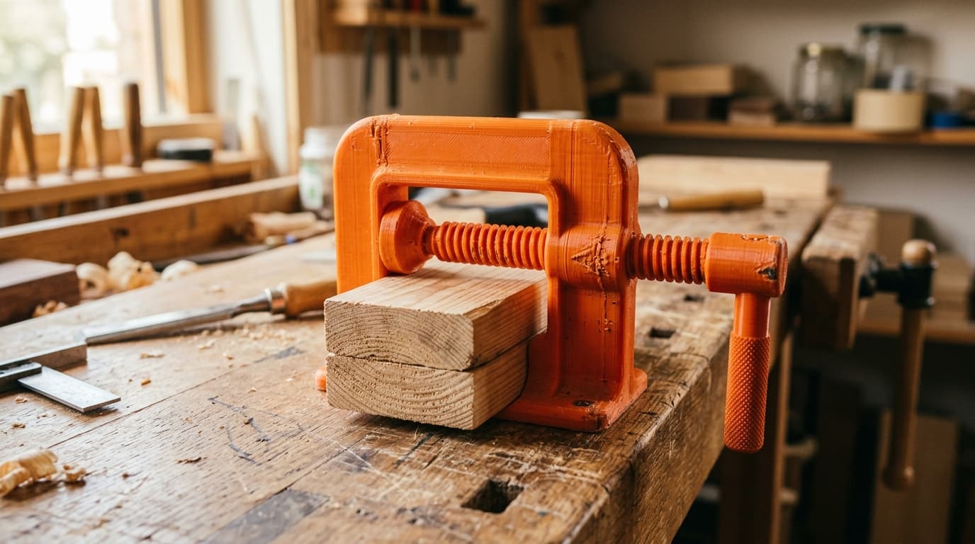 A 3D-printed bench clamp with a printed threaded screw squeezing two boards