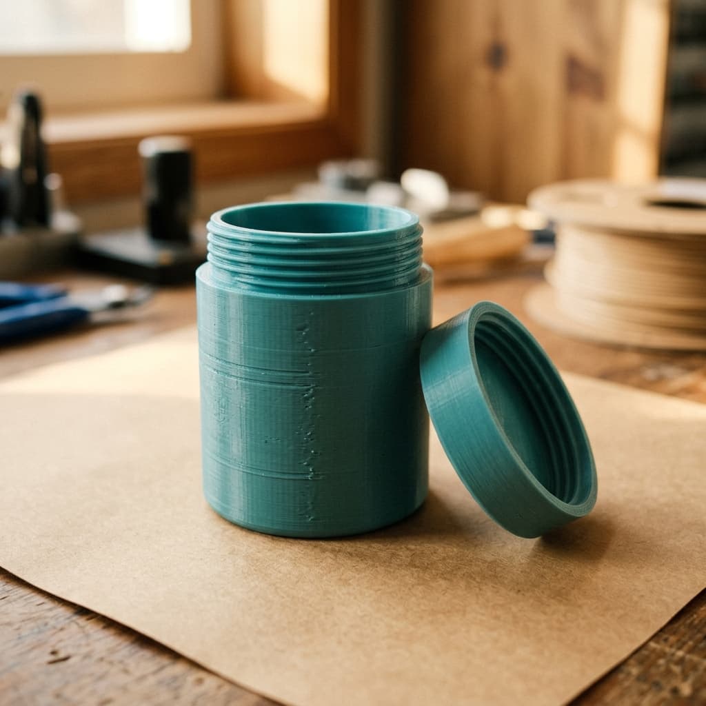 A 3D-printed jar with a matching printed screw-on threaded lid