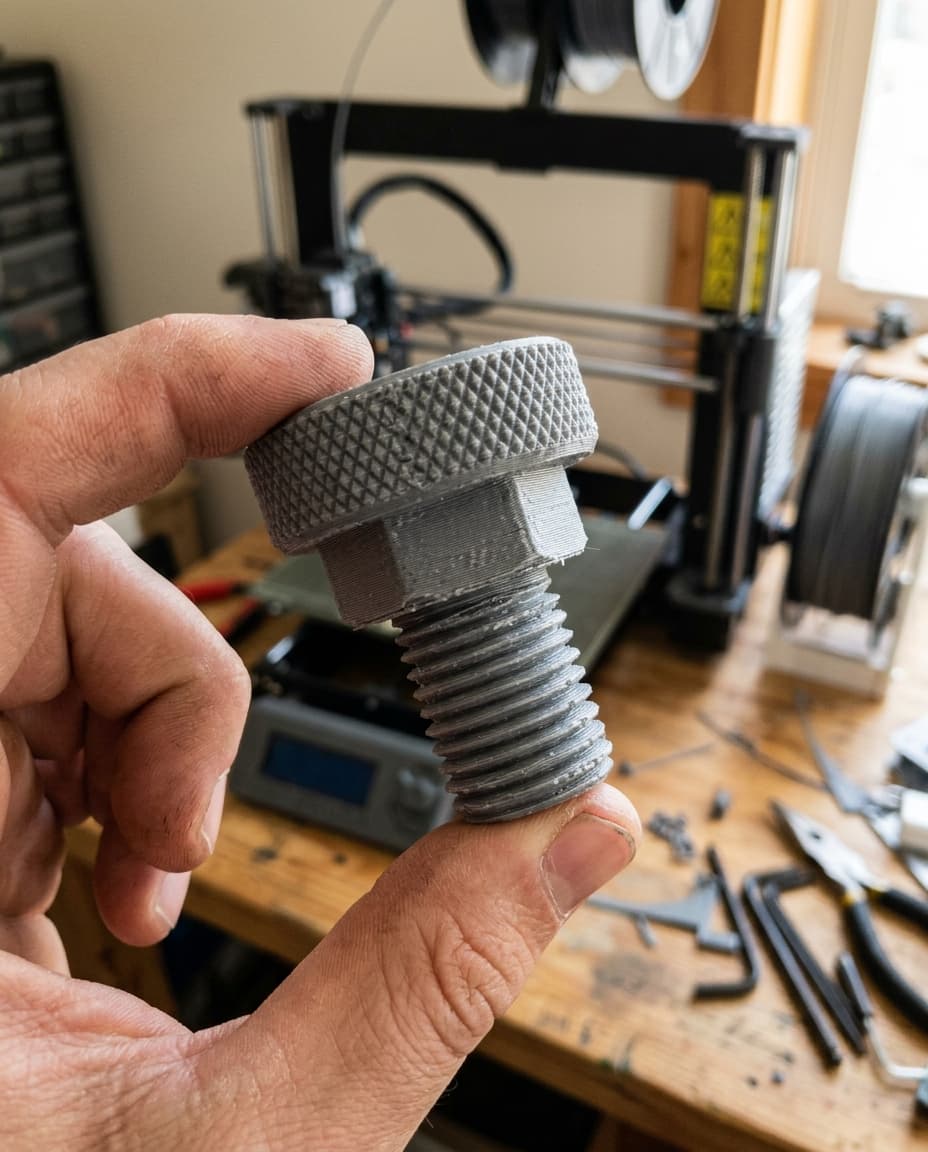 A large 3D-printed knurled knob-bolt held in a hand