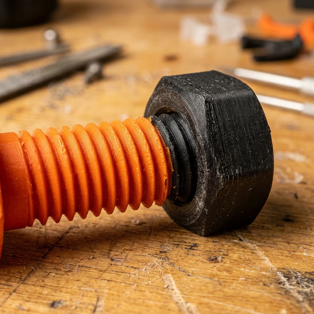 A 3D-printed bolt threading into a matching printed nut, print layer lines visible on the threads