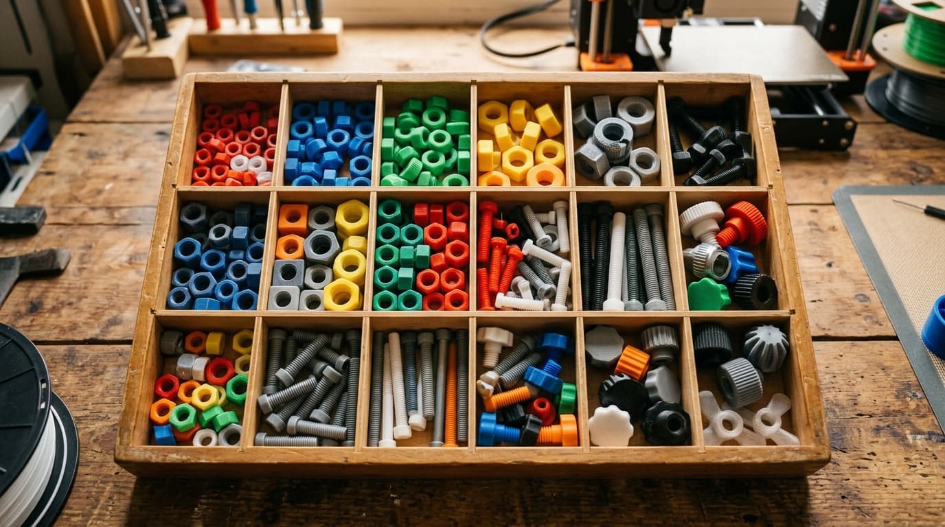 A tray of assorted 3D-printed nuts, bolts and threaded knobs
