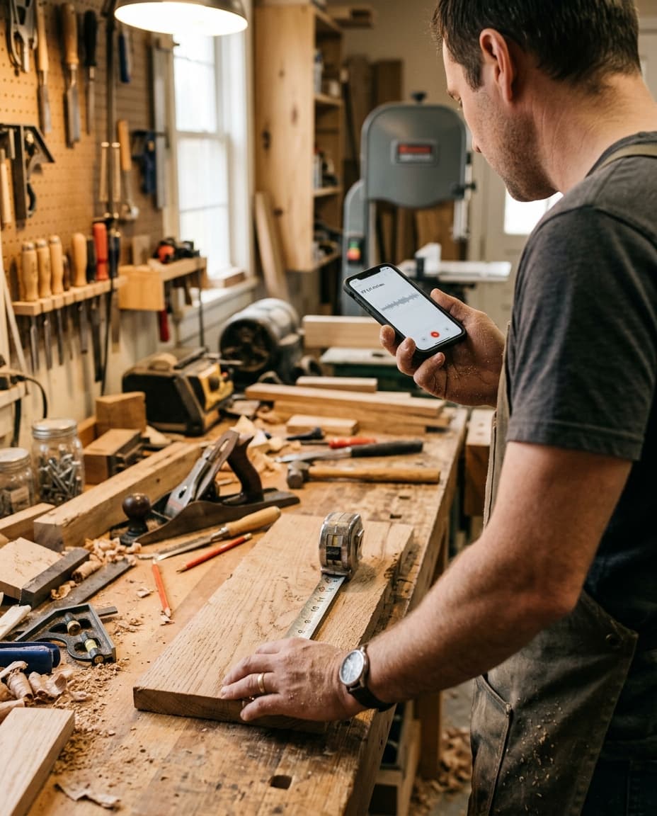 A maker at a workbench speaking a measurement into the Start Here app on a phone, tape measure in the other hand